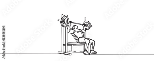 One continuous line drawing of young athletic man training to lift barbell on bench press in sport club center. Fitness stretching concept. vector illustration.