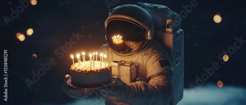 An astronaut holds a cake with lit candles in space