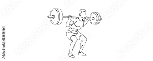 Line drawing of person doing weightlifting. One line drawing lifting barbell in gym. Vector illustration