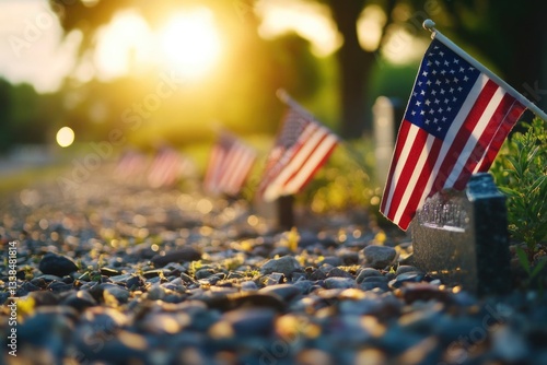 Row of American flags situated on a gravel road, suitable for patriotic or national event uses