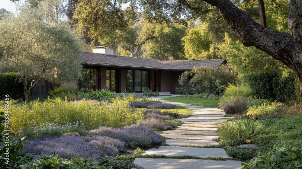 A simple yet elegant home with a beautifully landscaped front yard, featuring native plants and stone pathways. A simple yet elegant home with a beautifully landscaped front yard, featuring native plants and stone pathways.