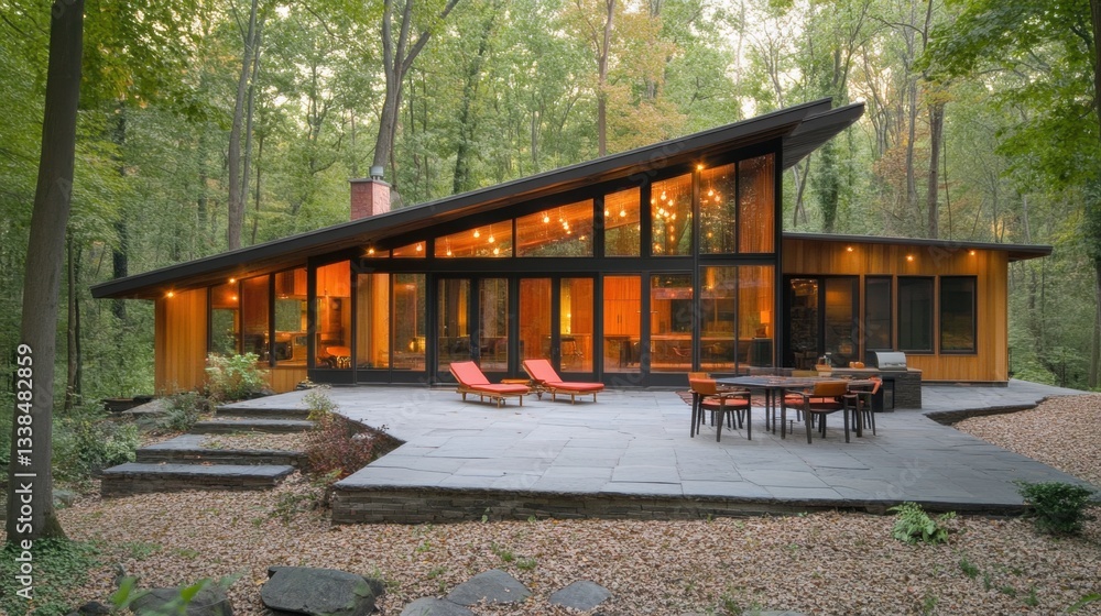 Obraz premium A single-story house with a modern aesthetic, warm wood paneling, stylish outdoor seating, and ambient lighting.