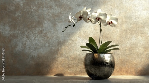 A modern metallic pot with an elegant orchid on a neutral taupe background