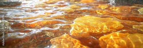 Glass-like spring water over vivid orange and yellow textured stones