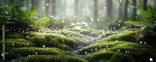 Glistening spring water droplets on deep forest moss in soft white light
