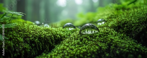 Glistening spring water droplets on deep forest moss in soft white light