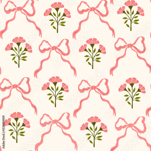  Coquette trellis floral seamless pattern with bows and ribbons. Preppy floral bouquet background. Vintage design for fabric, wallpaper or wrapping paper. Vector botanical elegant trendy print