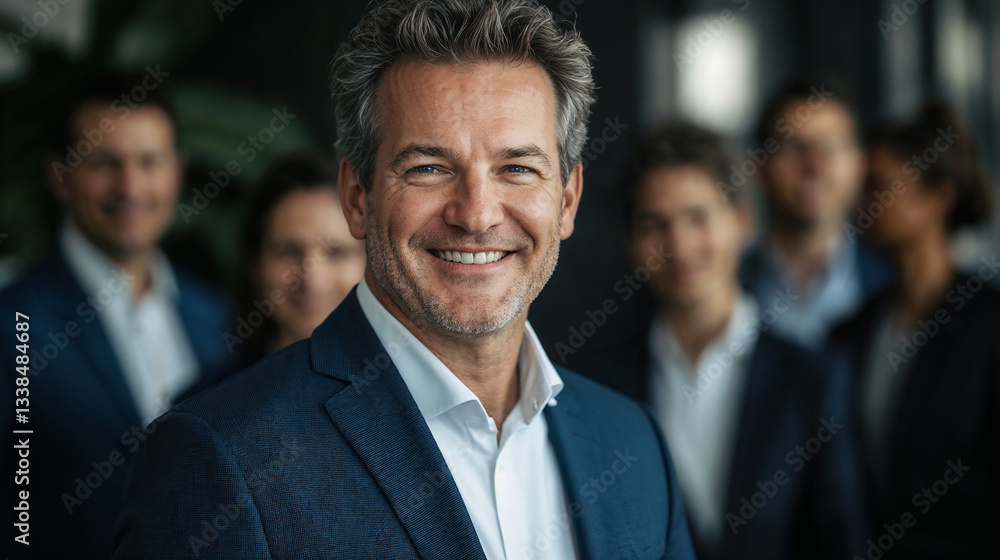 Portrait of businessman with his team on background. Portrait of businessman with his team on background.