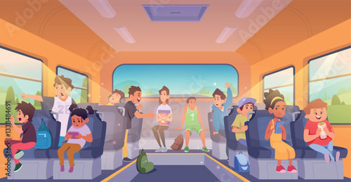 School bus. Little characters pupils boys and girls in dialogue scenes small funny conversation with teacher inside bus interior exact vector cartoon background