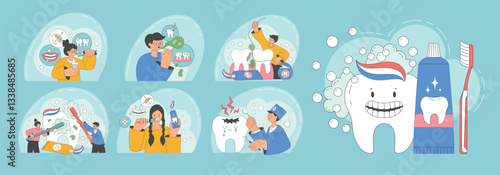 Oral hygiene. Dental protection concept illustrations set in flat style recent vector cleaning teeth pictures