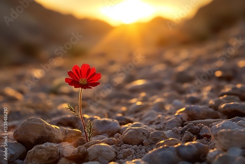 A Resilient Red Cosmos Flower Blooming Bravely Amidst Rocky Terrain At Sunset Bathed In Warm Golden Light