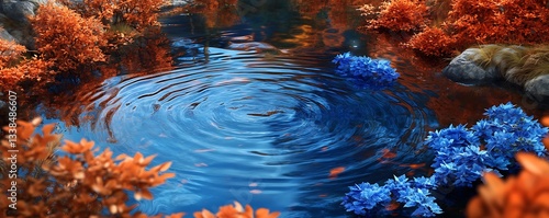 Rippling spring water surrounded by vibrant blue and orange foliage
