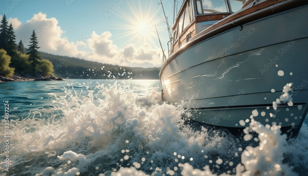 Naklejka premium Boat splashing through water under a sunny sky 