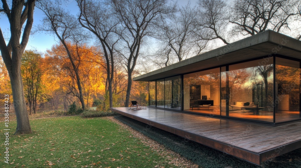 Fototapeta premium A spacious single-story contemporary home with floor-to-ceiling windows and a cozy wooden deck.