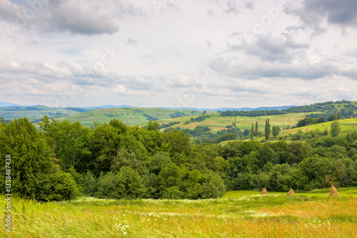rural landscape with field and mountain in summer. provincial farmland. green nature outdoor with grass and hill. countryside scenery for travel with cloud on sky. tourism background with nice view