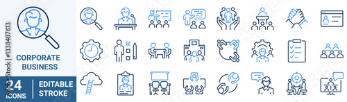 Corporate business. Business Team, Meeting, Collaboration, Discussion, Partnership, Engagement, Teamwork, Team Building. Linear icon collection. Editable stroke. Vector illustration