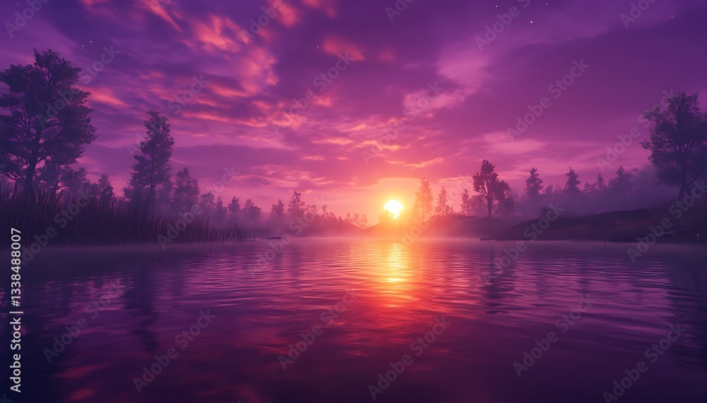 Fototapeta premium Sun-kissed spring water reflecting vivid purple skies in early dawn