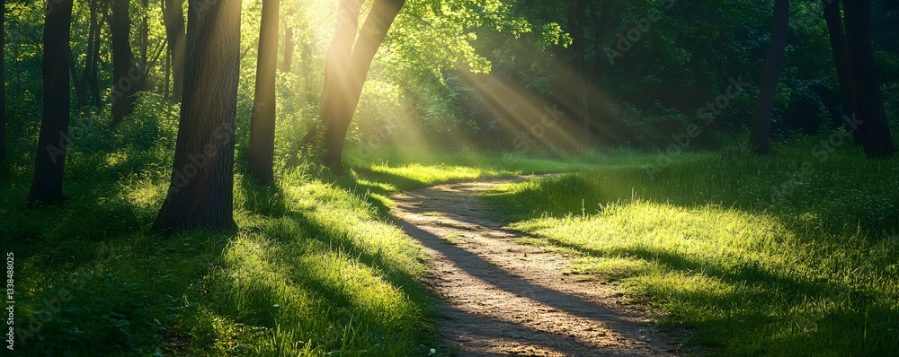 Fototapeta premium Sunbeams lighting forest path at sunrise