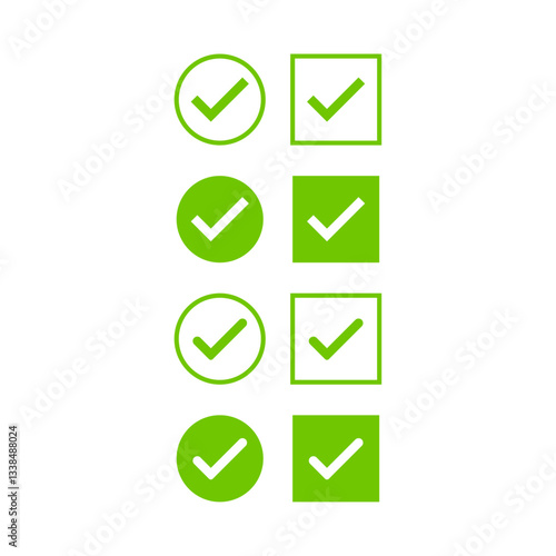 Green check mark  vector icon template and Illustration. Vector symbols set ,green checkmark isolated on white background. Correct vote choise isolated symbol