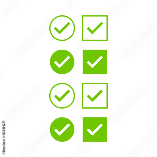 Green check mark  vector icon template and Illustration. Vector symbols set ,green checkmark isolated on white background. Correct vote choise isolated symbol