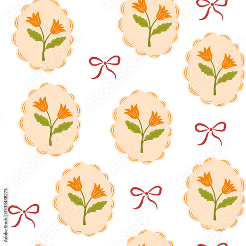 Coquette trellis floral seamless pattern with bows and ribbons. Preppy floral bouquet background. Vintage design for fabric, wallpaper or wrapping paper. Vector botanical elegant trendy print