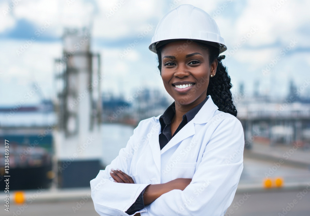 A Black woman engineer confidently stands with her arms crossed, smiling in a lab coat and hard hat at a construction site near the waterfront A Black woman engineer confidently stands with her arms crossed, smiling in a lab coat and hard hat at a construction site near the waterfront