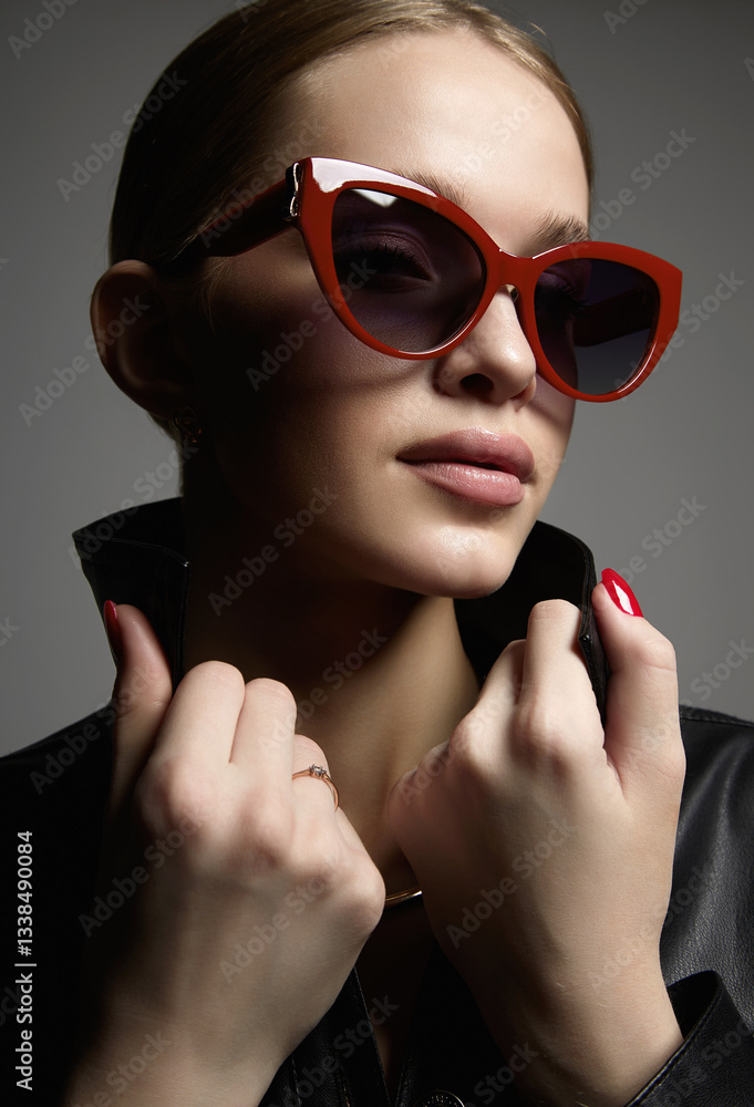 Beautiful young woman in sunglasses. blond girl in red glasses