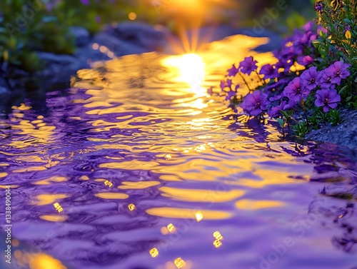 Vibrant spring water reflecting a serene purple and gold sunset