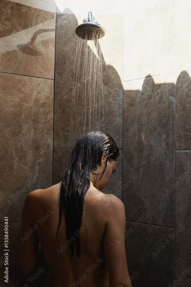 Naked wet girl in Shower. Beautiful sexy woman washable in outdoor shower