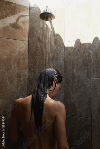 Obraz na płótnie Naked wet girl in Shower. Beautiful sexy woman washable in outdoor shower w salonie