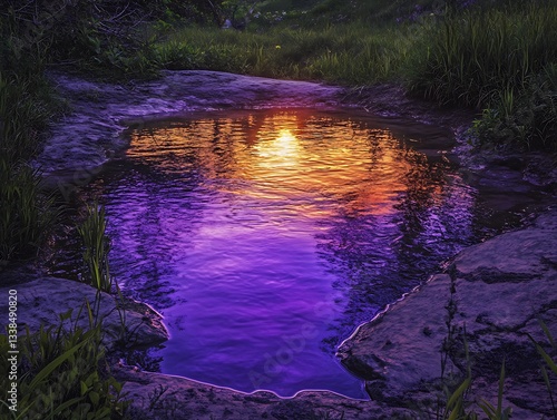 Vibrant spring water reflecting a serene purple and gold sunset