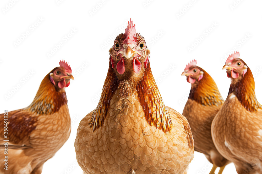 Fototapeta premium Close-up of four chickens in a farm setting with vibrant colors