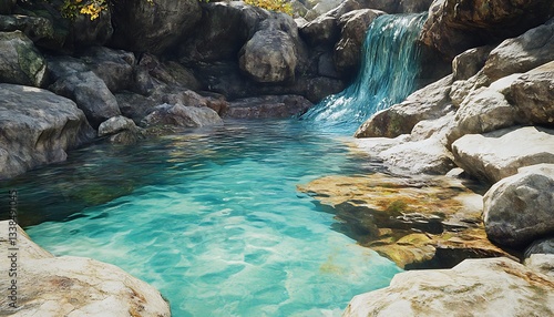 Vibrant turquoise spring water flowing through a serene rocky bed