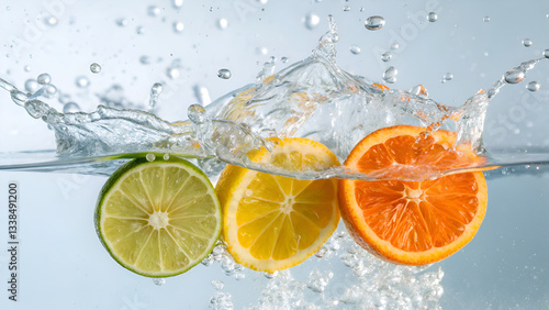 immunity boosters hydration Fresh citrus fruits splash in water, creating dynamic droplets and vibrant colors.