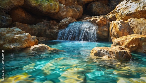 Vibrant turquoise spring water flowing through a serene rocky bed