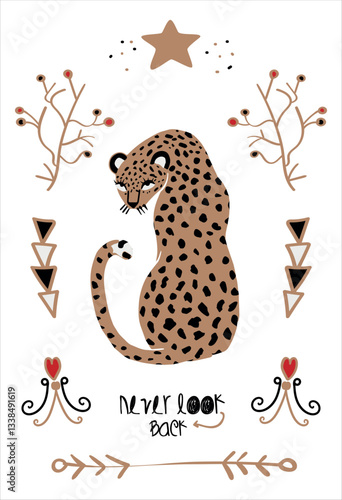 grafica  vettoriale di leopardo ed elementi vettoriali a cornice pronta per la stampa su t -shirts