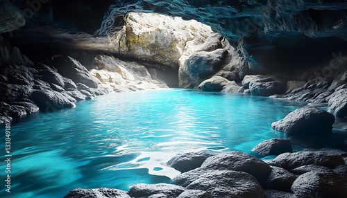Vibrant turquoise spring water flowing through a serene rocky bed