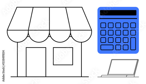 Small shopfront with awning, blue calculator, and laptop symbolize retail, business operations, and financial planning. Ideal for entrepreneurship, accounting, e-commerce, budgeting finance small
