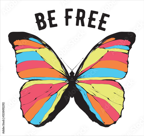 grafica vettoriale di farfalla multicolore e scritta be free pronta per la stampa su t-shirts