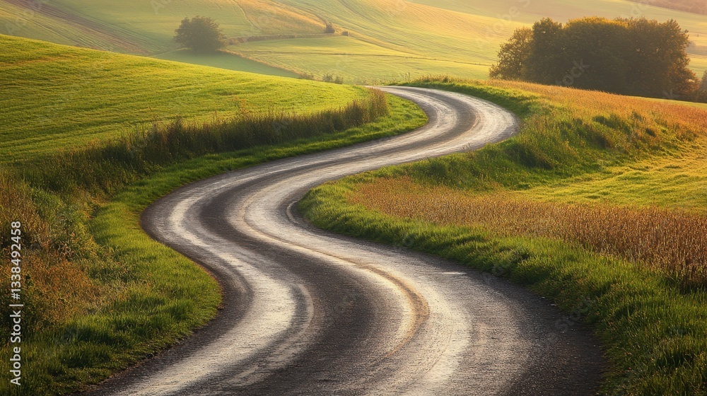 Naklejka premium The last rays of sunlight illuminating a winding country road through open fields