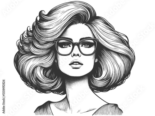 woman with large glasses and voluminous wavy hair, gazing thoughtfully sketch engraving generative ai fictional character vector illustration. Scratch board imitation. Black and white image.