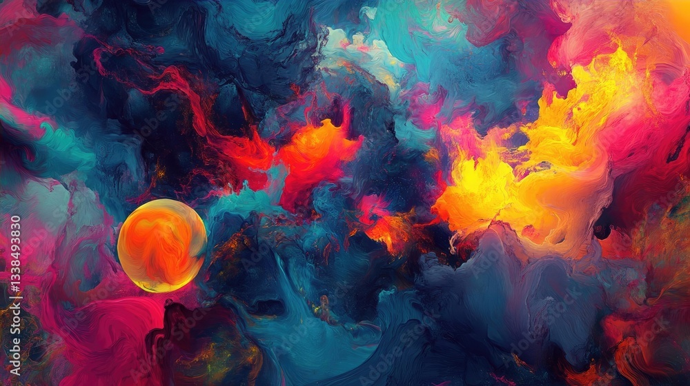 Fototapeta premium Abstract Cosmic Landscape with Vibrant Red Orange Yellow and Blue Swirls