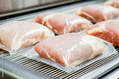 Close-up of plastic-sealed fresh meat portions, perfectly arranged on a conveyor belt in a modern food processing plant, high detail, sharp focus