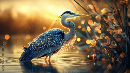 Great blue heron standing in water at golden hour with blurred background of reeds and flowers.
