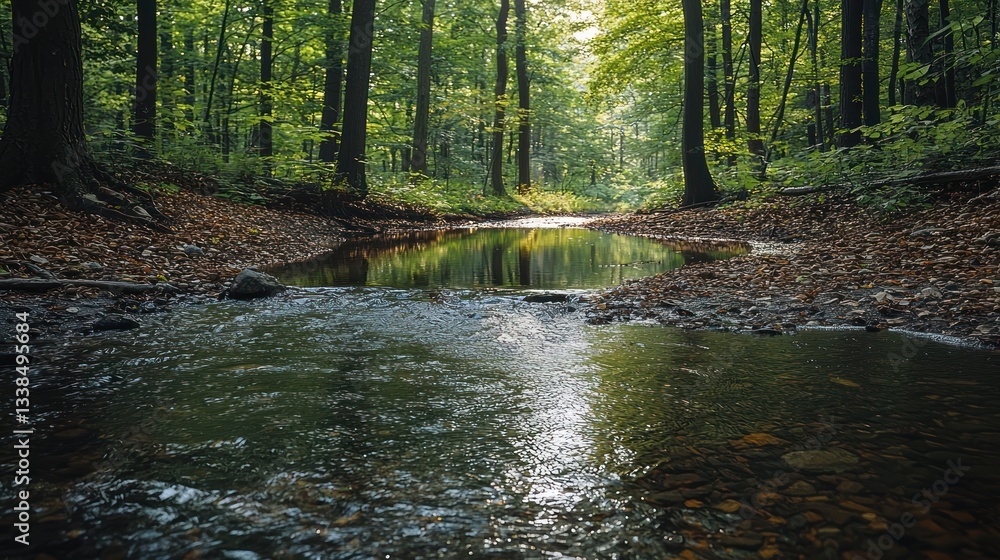 Obraz premium Sunlight Reflects On Water In A Lush Green Forest Scene