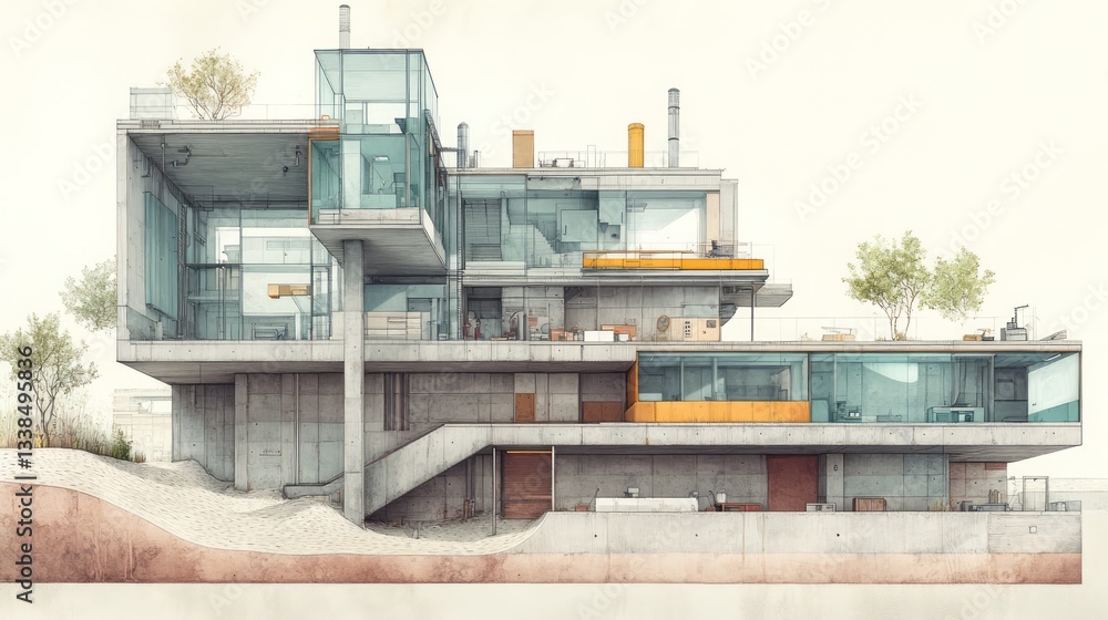 Fototapeta premium Architectural cross section drawing of a modern concrete and glass house