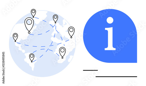 Globe with pin markers and connecting lines representing worldwide connectivity, next to a blue information bubble icon. Ideal for global network, navigation, logistics, communication, travel, data
