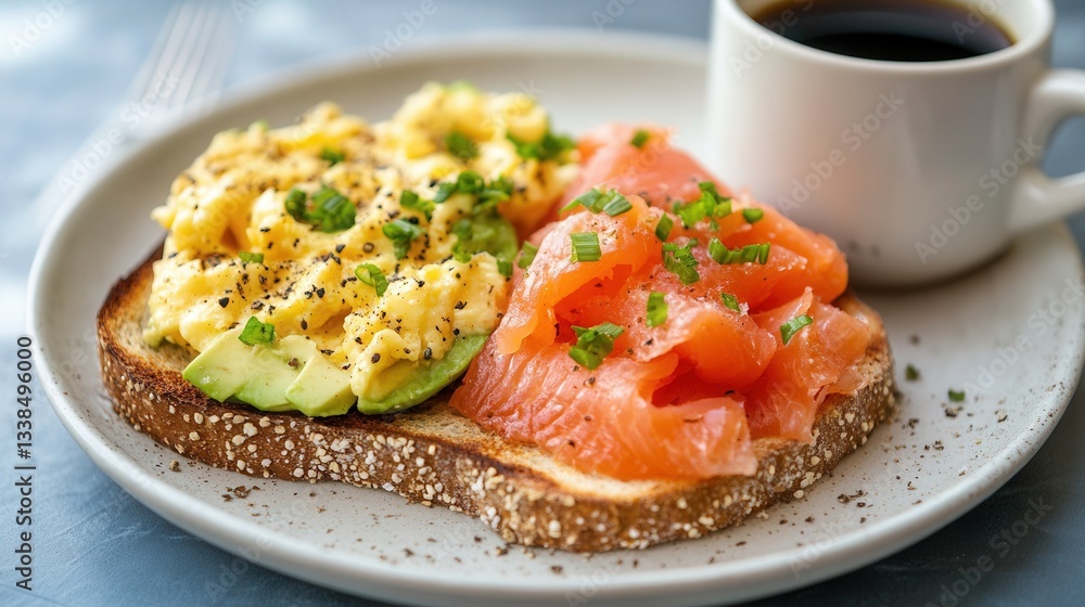 a high-protein breakfast featuring scrambled eggs, smoked salmon, and avocado slices on whole-grain toast, served with a cup of black coffee. a high-protein breakfast featuring scrambled eggs, smoked salmon, and avocado slices on whole-grain toast, served with a cup of black coffee.