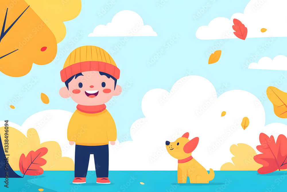 Naklejka premium Child painter painting in autumn forest, illustration of outdoor activity scene in Beginning of Autumn festival