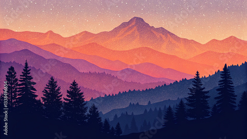 Illustration of mountain range at dusk. Landscape. Gradation